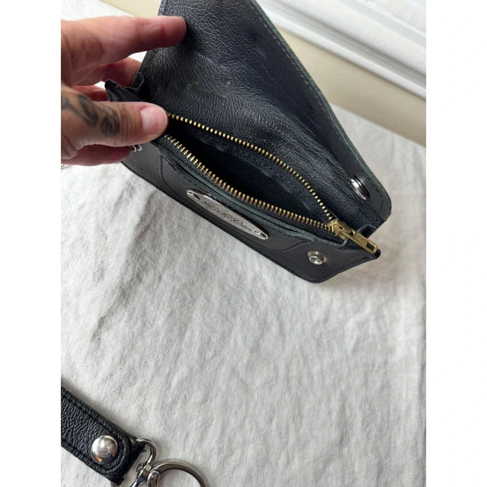 La Rosa Design Black Pebbled Leather Biker Trucker Wallet w Chain Belt Loop VTG